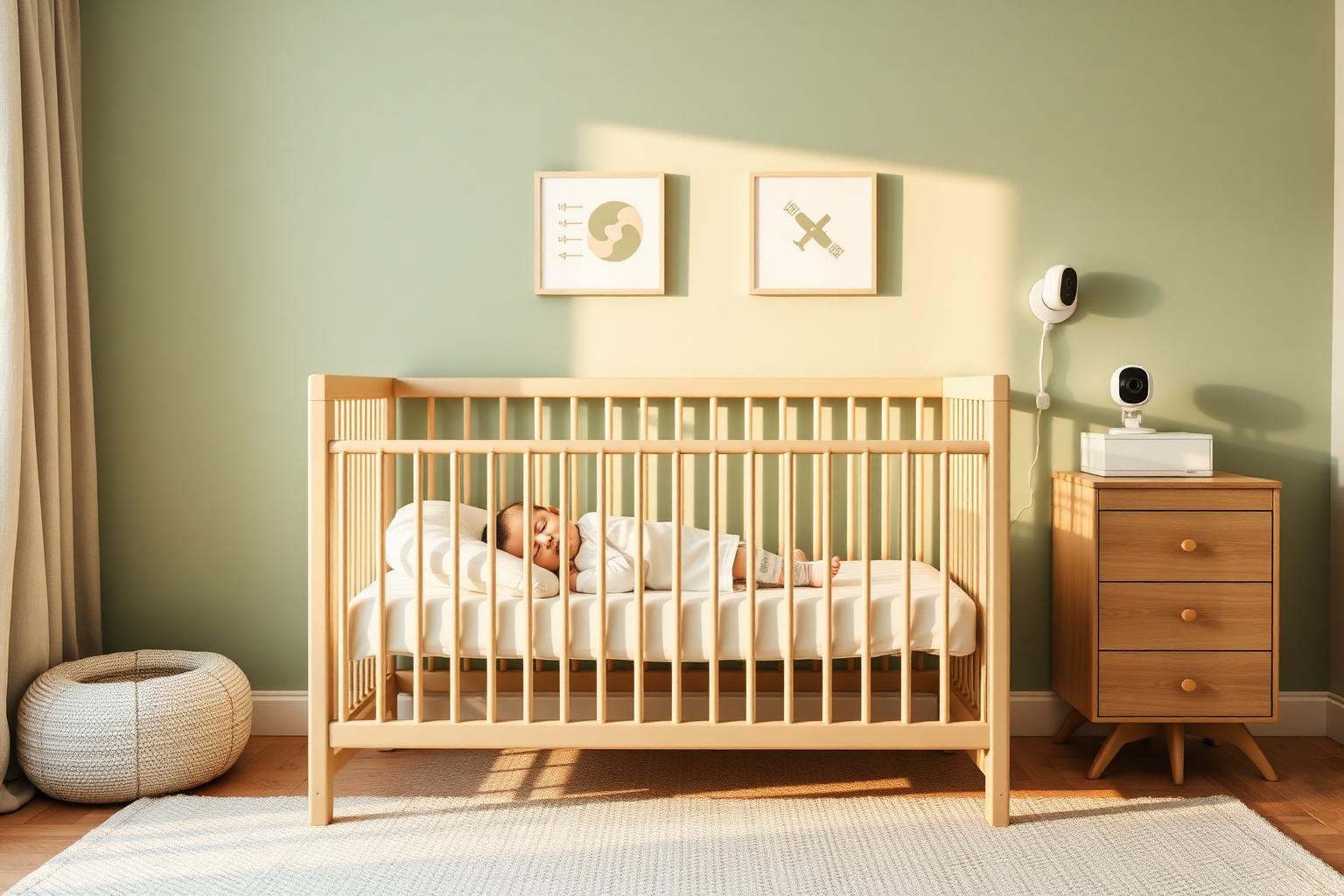 A peaceful nursery with a sleeping baby, smart sock monitor, and nursery camera representing the Owlet Dream Duo setup